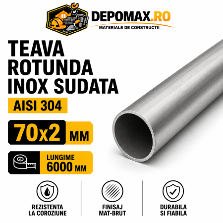 Teava rotunda inox sudata AISI 304, 70 x 2 mm, 6 metri